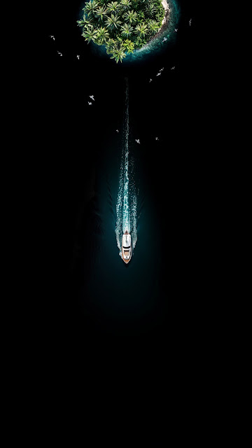 Minimalist Boat Wake Approaching Lush Tropical Island in Darkness - Free mobile Wallpaper