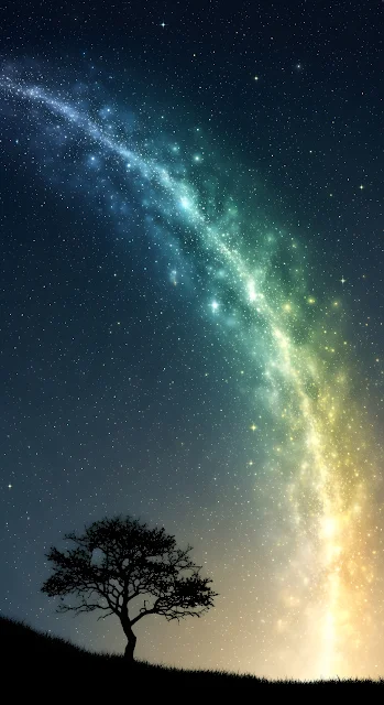Lone Tree Silhouette under Vibrant Gradient Milky Way