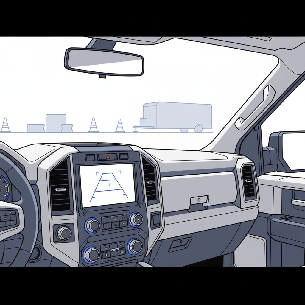 Minimalist 2D vector interior view of pickup cab showing tow controls and trailer backup camera screen at a worksite, pick up trucks for sale