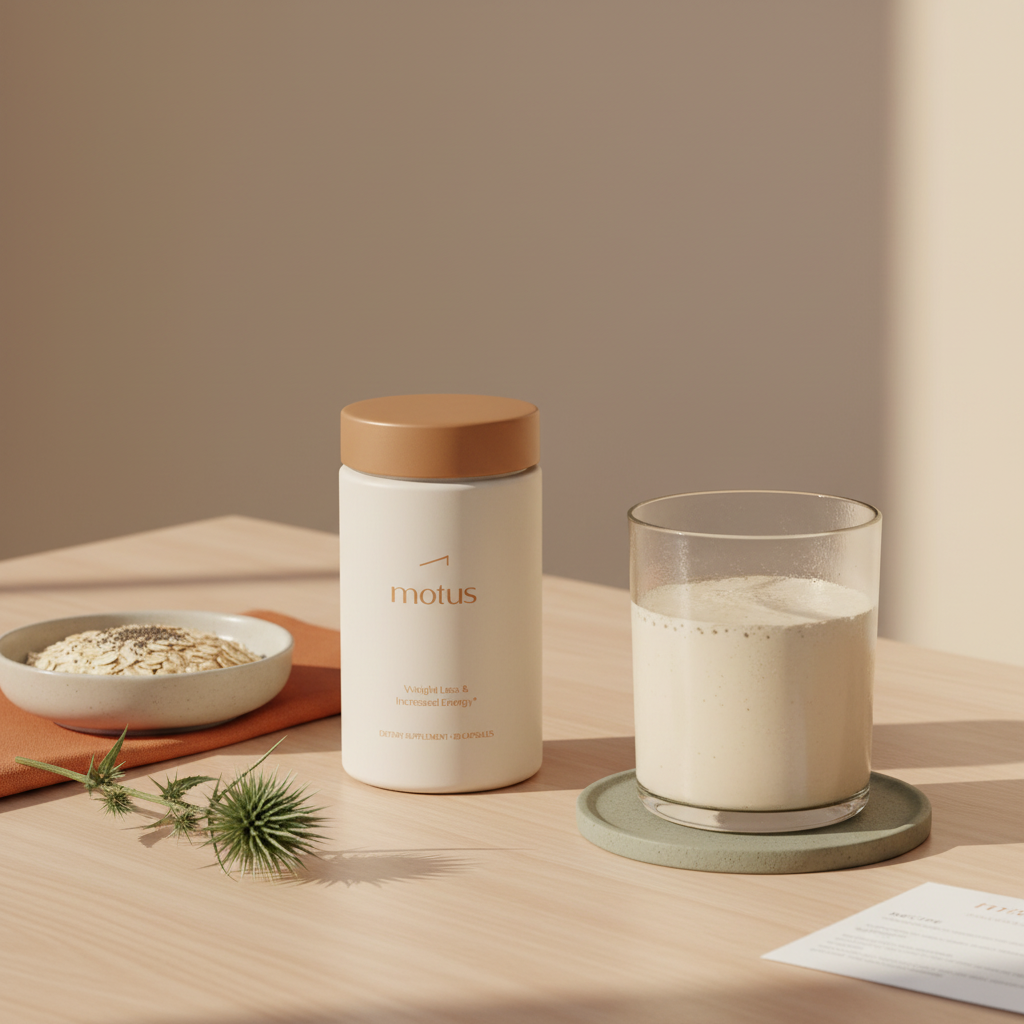 Tonum Motus bottle beside a whey protein shake, small bowl of oats and milk thistle sprig on a light wooden table illustrating protein shakes weight loss timing