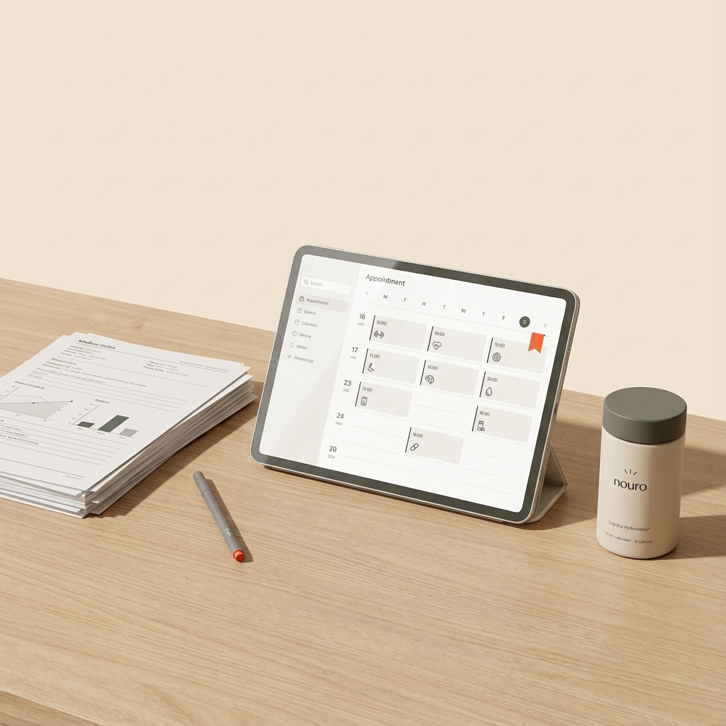At what age does Alzheimer's start? Tidy home office desk with medical notes, an appointment calendar on a tablet, and the Tonum Nouro supplement container placed at the desk edge in a calm beige-gray Tonum palette.