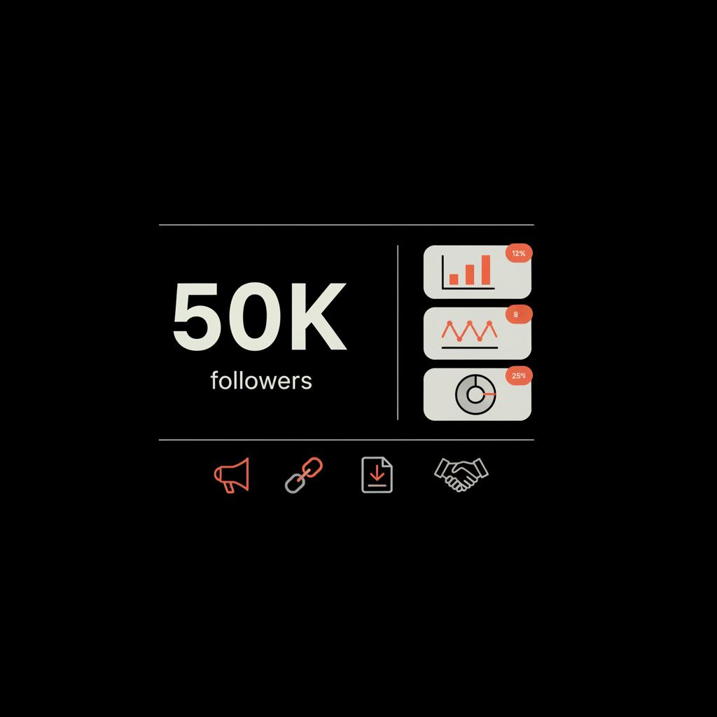 Minimalist infographic showing a 50K follower counter with small engagement charts and monetization icons illustrating How much does a 50K Instagram account make?