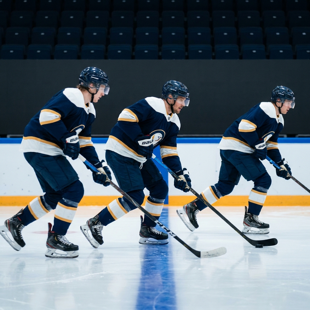 Close up photorealistic image of three forwards entering the offensive zone in synchronized stride with the center controlling the puck perfect shot for oddsshark nhl picks article