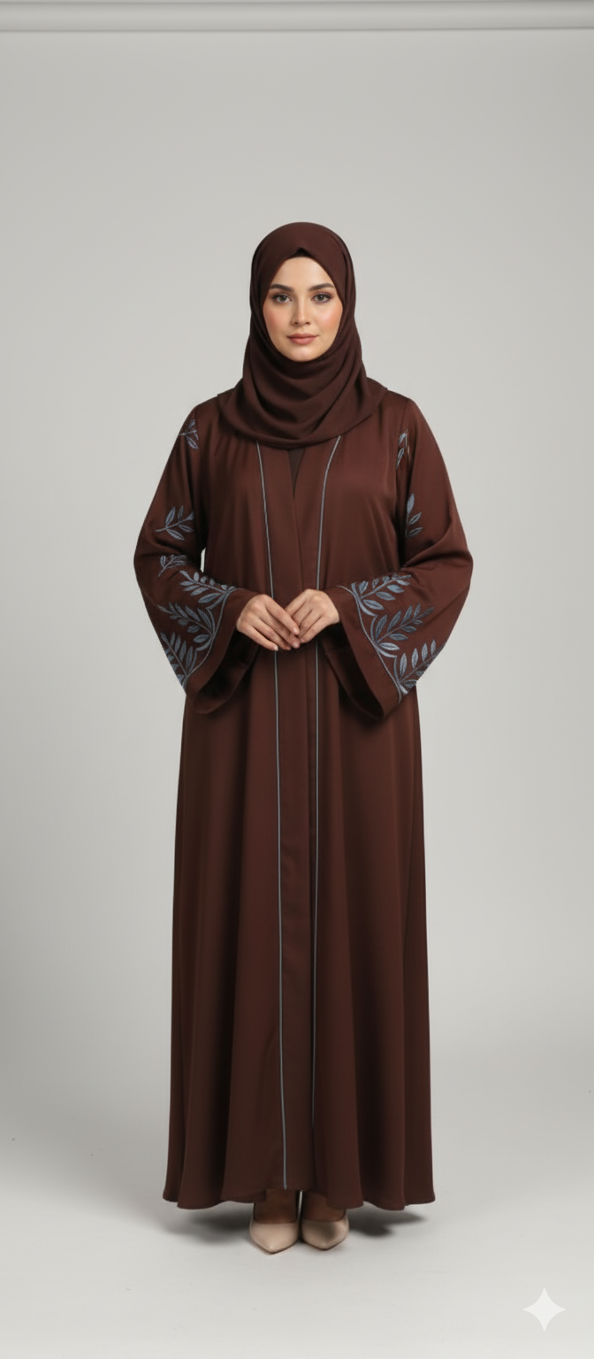 Elegant Embroidered Sleeve Abaya - Open Front Cardigan Style with Leaf Detailing