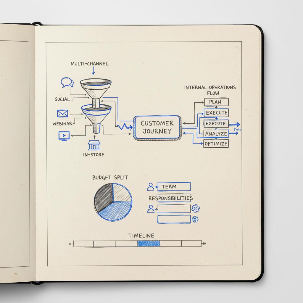 Close-up notebook sketch of a multi-channel campaign map connecting social, email, webinar and in-store touchpoints using Agency Visible colors; 7-11-4 rule of marketing