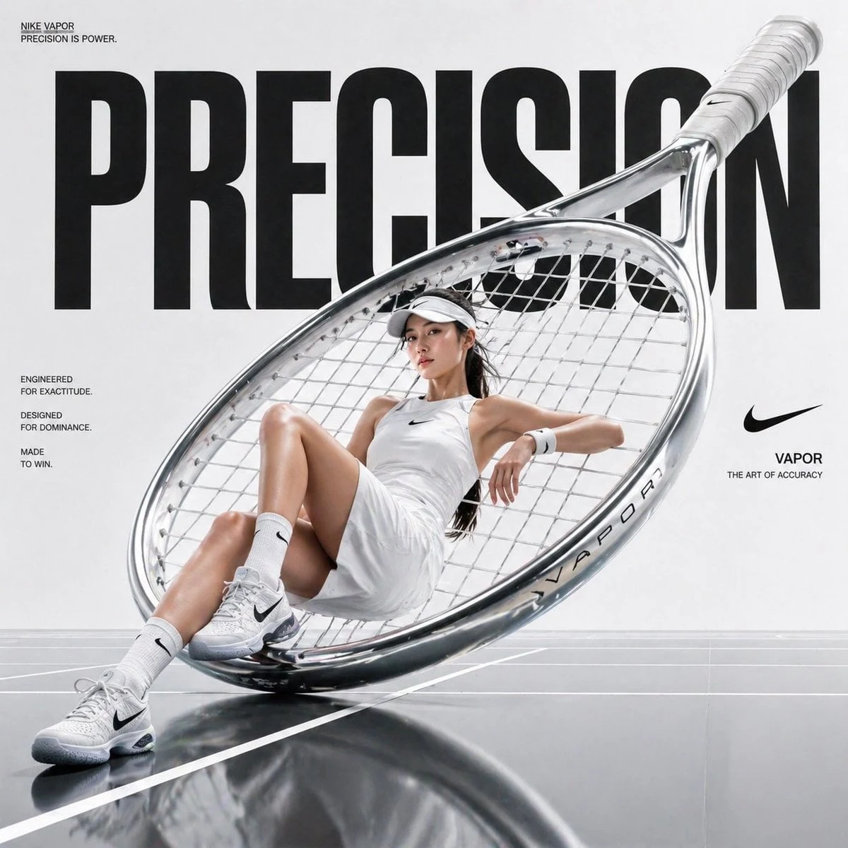 Anuncio de moda deportiva vanguardista, raqueta de tenis de gran tamaño colocada como una escultura monumental, mujer...