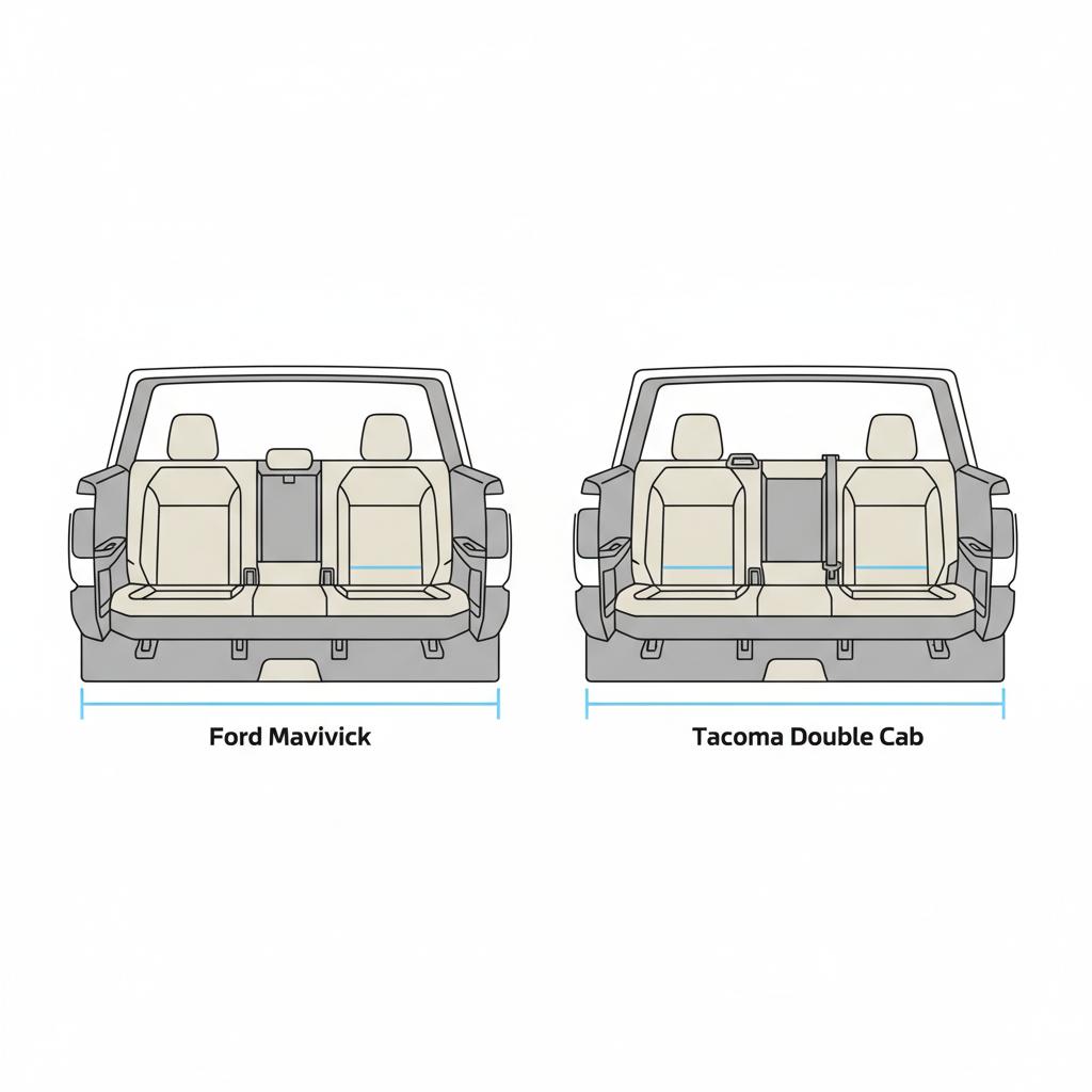 Minimalist 2D vector rear seat legroom comparison between a ford maverick and a tacoma double cab side by side illustration emphasizing extra legroom ford mavericks for sale