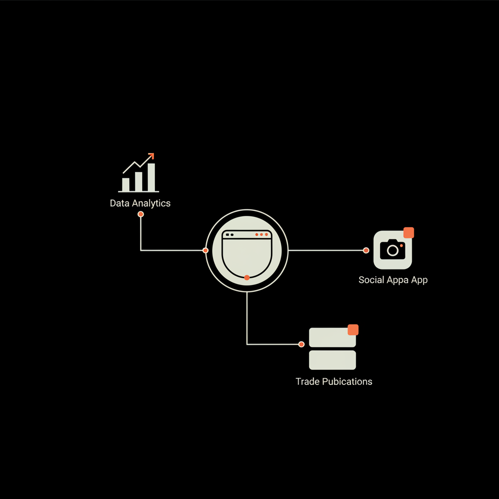 Minimal 2D vector infographic map showing a website node connected to a stylized social app and trade publications on black background, using Social Success Hub palette — instagram blue check requirements
