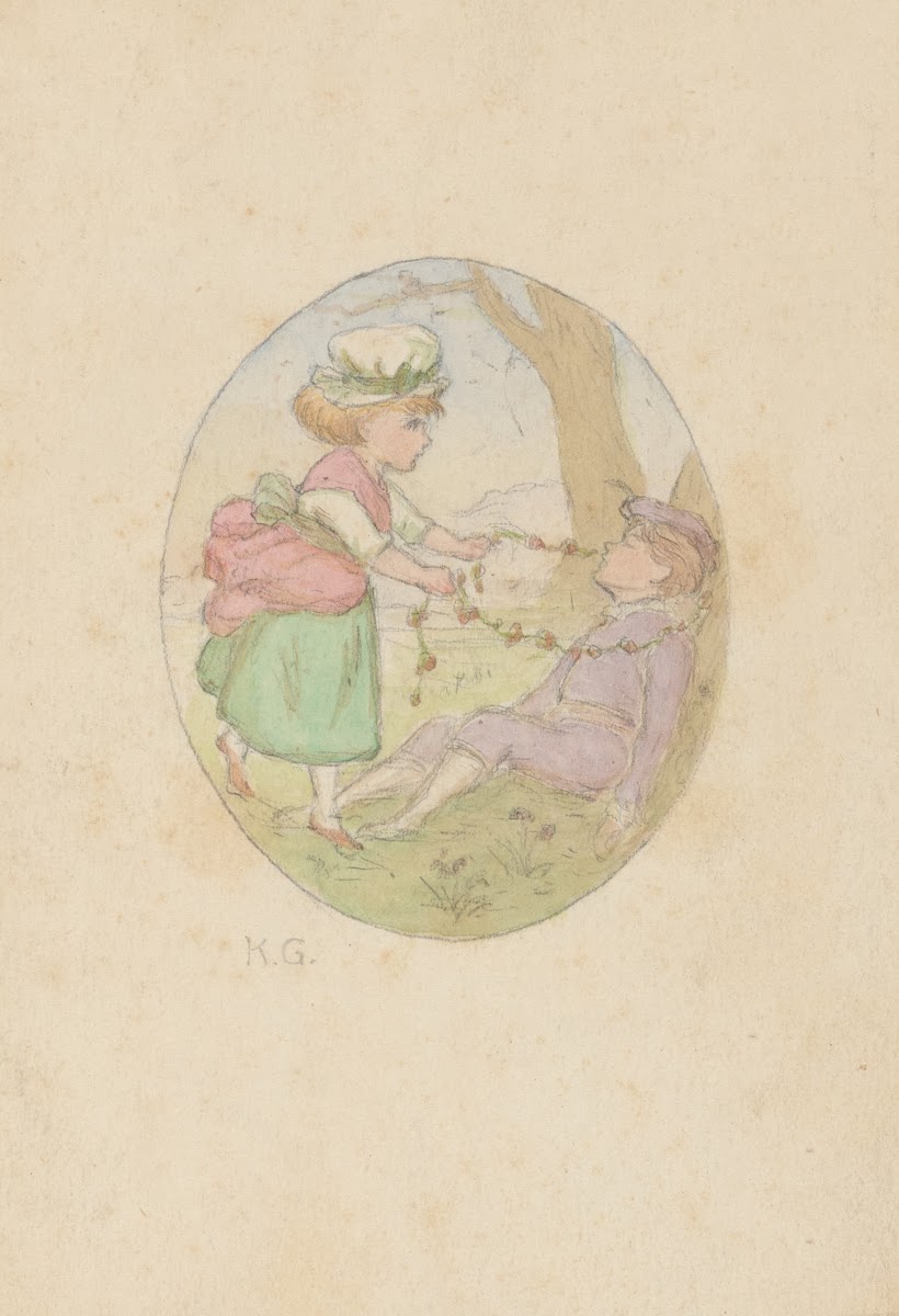Young girl placing flower garland around seated boys neck