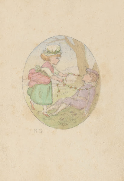 Young girl placing flower garland around seated boys neck