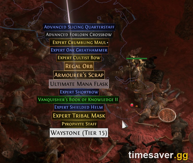 Loot dropped by a PoE2 pinnacle boss — uniques, currency, and a Tier 15 Waystone splashed on the ground