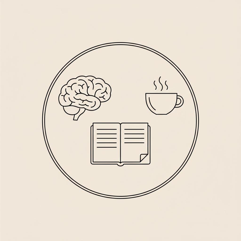 Minimal Tonum-style line illustration of a brain, notebook, and cup of tea on a beige background, representing cognitive care and routine — how to spot Alzheimer's early