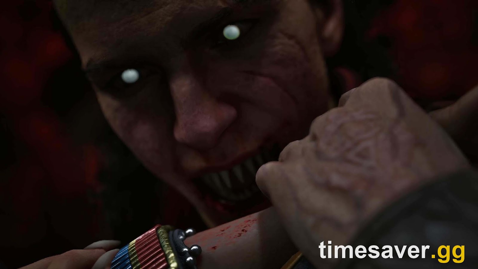 A Vrakhiri vampire with glowing eyes feeds from a wrist in The Blood of Dawnwalker