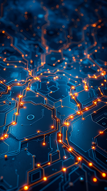 Glowing Circuit Board with Orange Data Paths on Blue Base - Free mobile Wallpaper