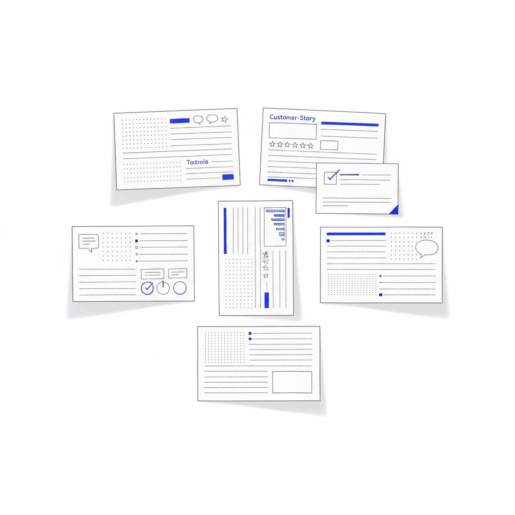 Minimal 2D vector flat-lay of printed customer story cards and a plain contact card on white background with #1a5bfb and #39383f accents &mdash; How much do ads pay on TV?