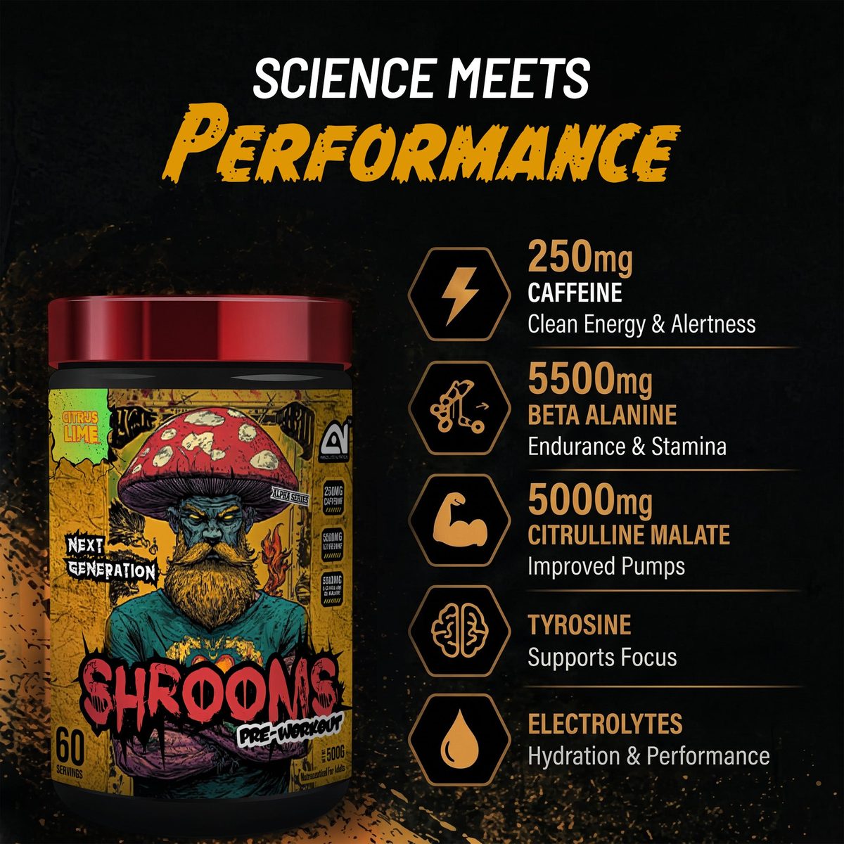 Absolute Nutrition Shrooms Pre Workout — Citrus Lime, 500g