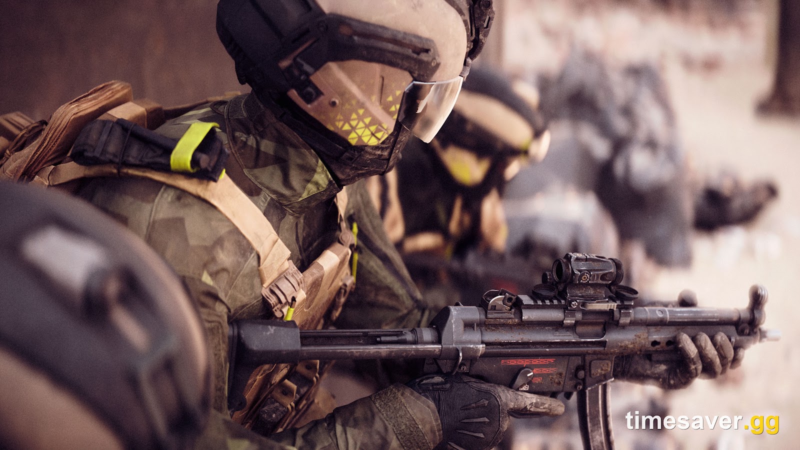 Battlefield 6 soldiers in full kit with optic-equipped rifles and high-visibility gear accents