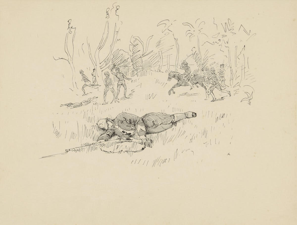 Gewonde soldaat in een veld 1898