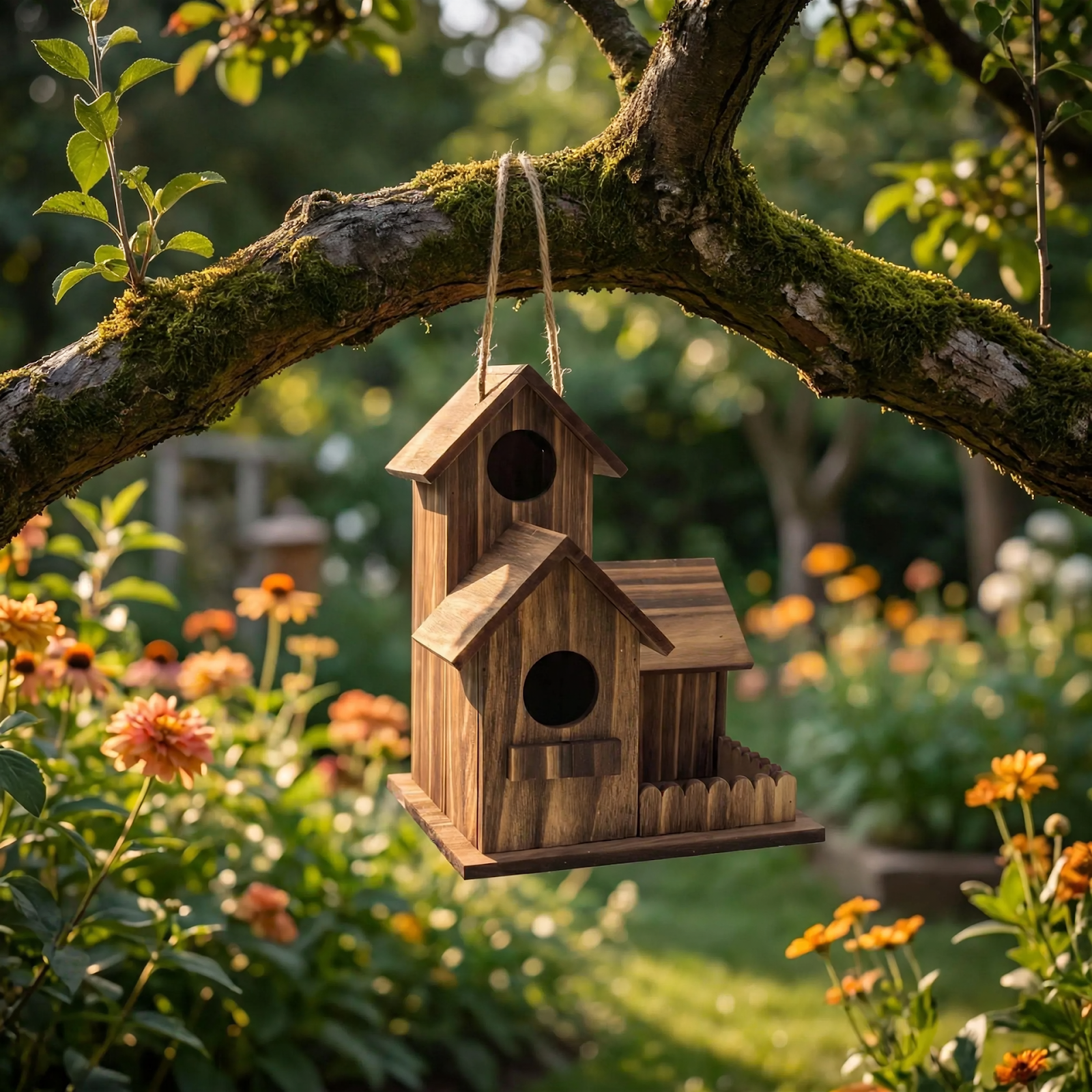 Two-Story Birdhouse Made from Carbonized Pine Wood