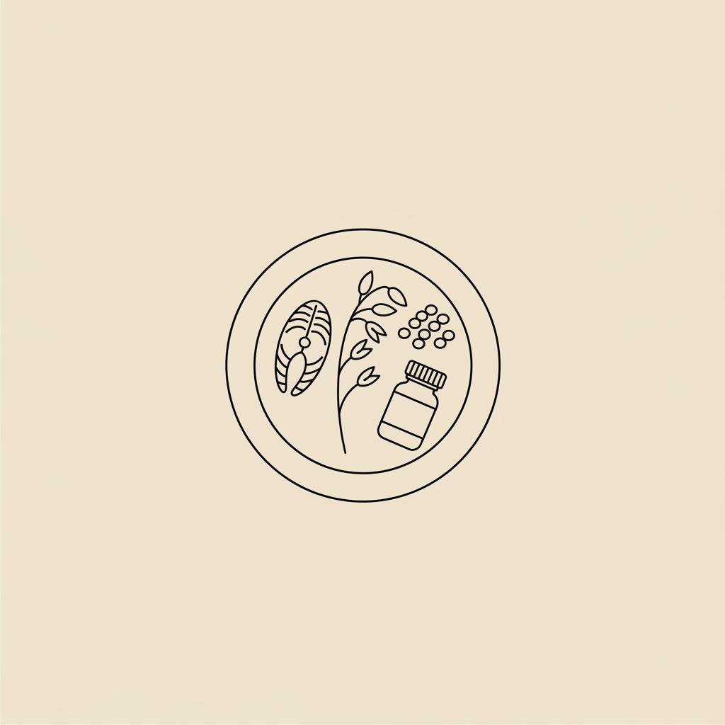 Minimal Tonum-style vector line drawing of a plate with fish fillet, small pile of lentils, oat stalk and pill bottle on a beige background — foods that boost GLP-1