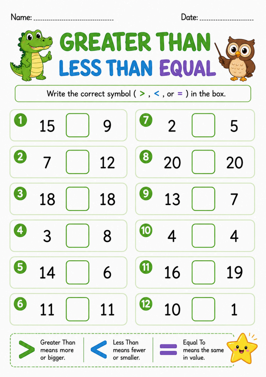 Greater Than Less Than Equal Worksheet