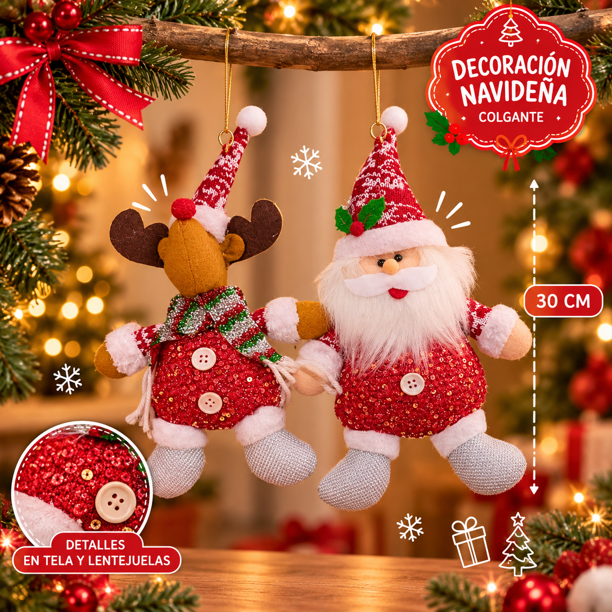 Muñecos de Papá Noel y reno de tela con brillos