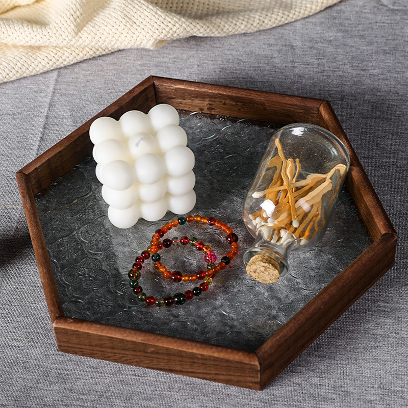 Wooden glass tray with hawthorn pattern, European