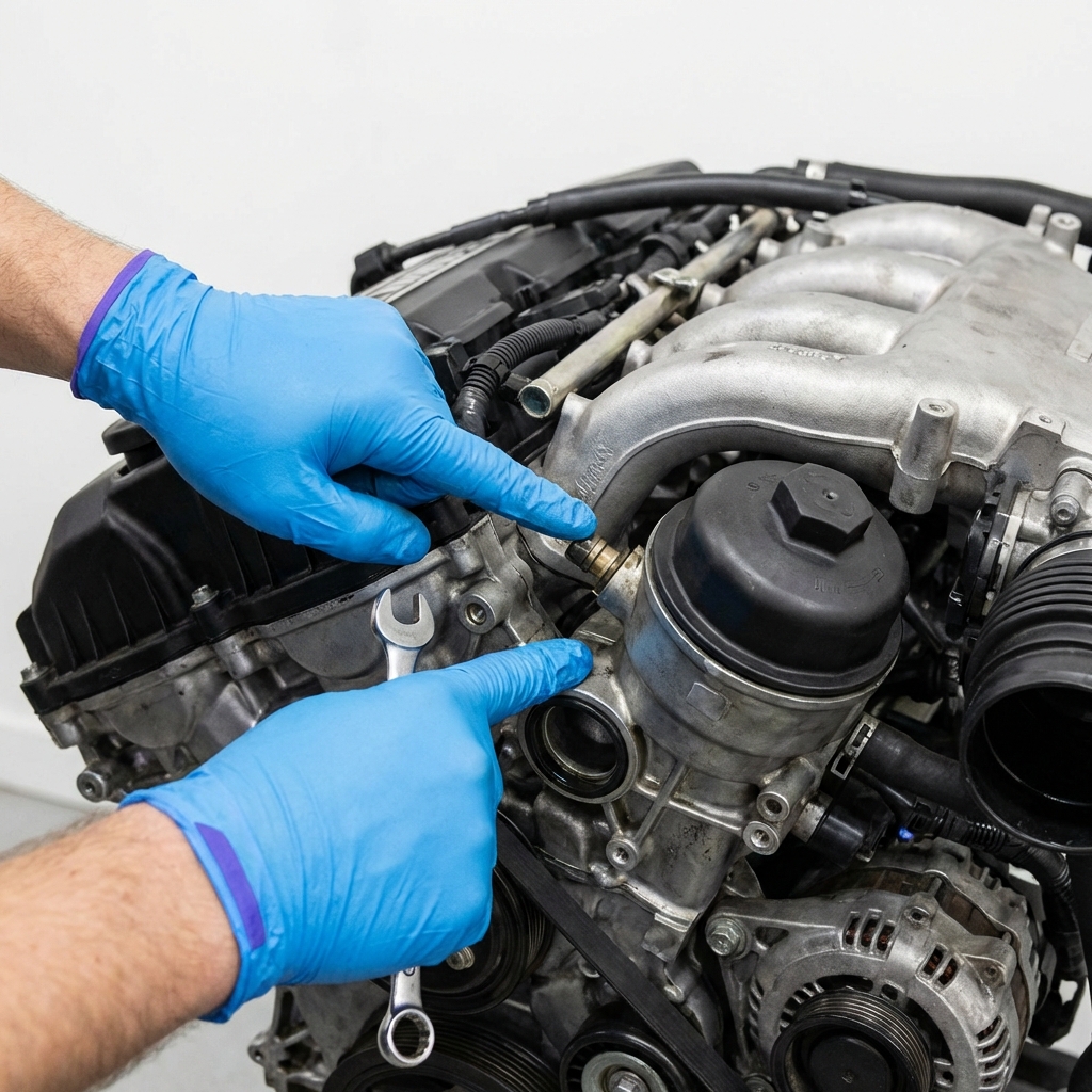 Close up of BMW B58 engine bay showing intake area and oil filter housing with hands pointing at potential leak spots bmw m340i for sale clean white background