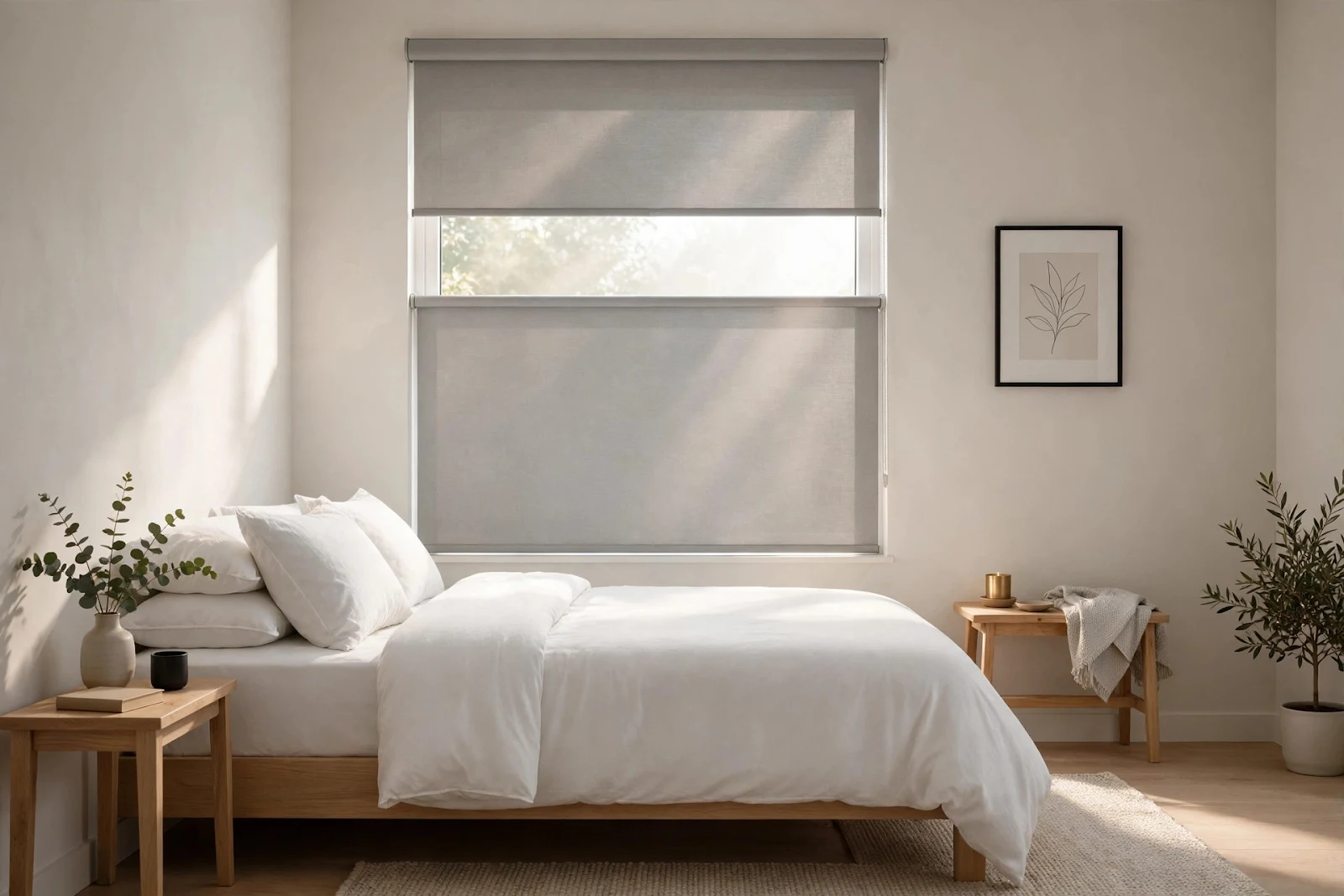 Modern bedroom window with light grey roller blinds half raised