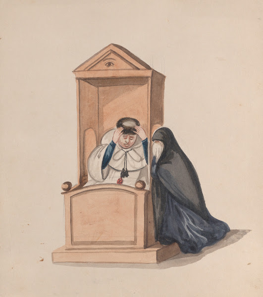 A woman confessing to a priest ca 1848