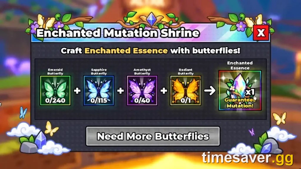 Steal An Egg Enchanted Mutation Shrine UI showing the Enchanted Essence recipe of Emerald, Sapphire, Amethyst and Radiant butterflies