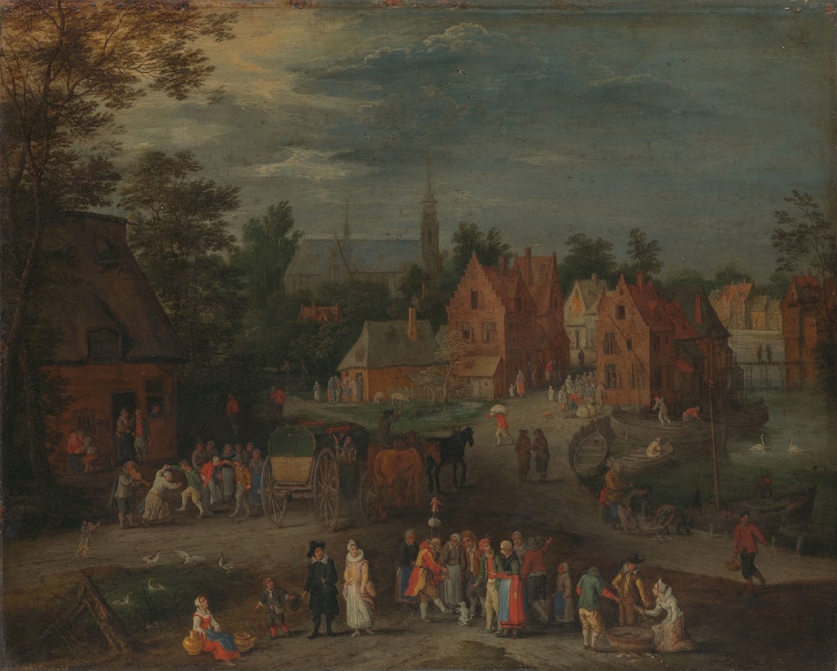 Village With A Puppeteer Entertaining A Small Crowd C 1650   C 1660