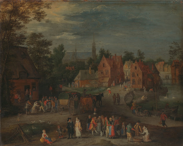 Village With A Puppeteer Entertaining A Small Crowd C 1650   C 1660
