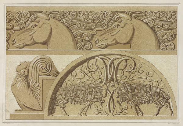 Chevaux frise en pierre Coq amortissement Boucs tympan en pierre sculptée 1897