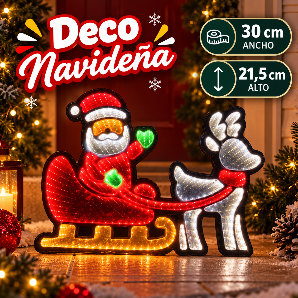 Papá Noel en trineo luminoso LED efecto infinito 30 x 21,5 cm