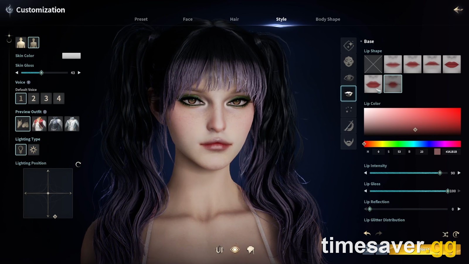 AION 2 detailed lip-customization panel with sliders for shape, color, intensity, gloss and glitter, showing how granular the editor gets