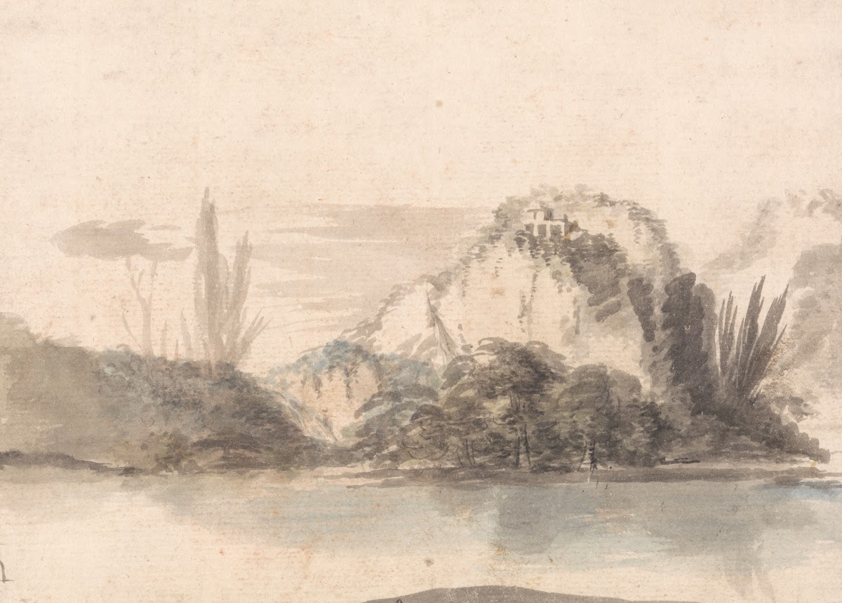 A Temple Perched on a Rocky Outcrop Seen Across a Lake ca 1767