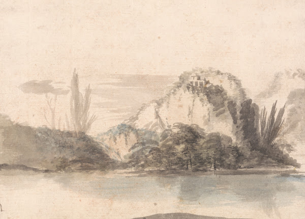 A Temple Perched on a Rocky Outcrop Seen Across a Lake ca 1767