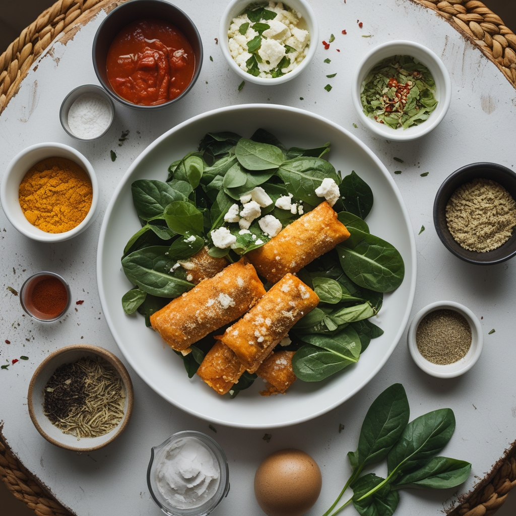 Ingredients for Healthy Crunchy Spinach Feta Egg Rolls Made in the Air Fryer - Easy & Crispy Snack