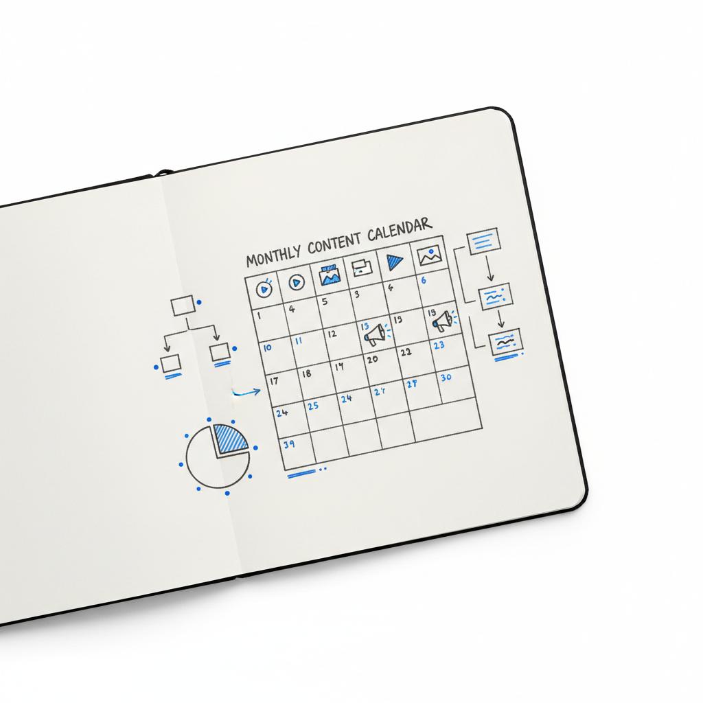 Top-down open notebook with hand-drawn content calendar grid, sketches for reels, carousels and promotional posts on a clean white background with #1a5bfb accents &mdash; 50 30 20 social media strategy