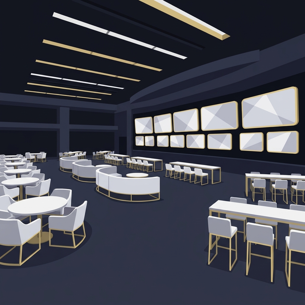 Minimalist 2D vector wide interior of a sports betting superbook with expansive floor space and varied seating clusters in one bet vegas brand colors background 10101a no people no logos