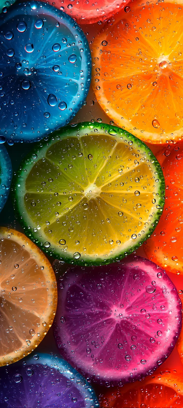 Colorful Citrus Slices With Water - Macro Photography 2K iPhone Wallpaper (1847x4096)