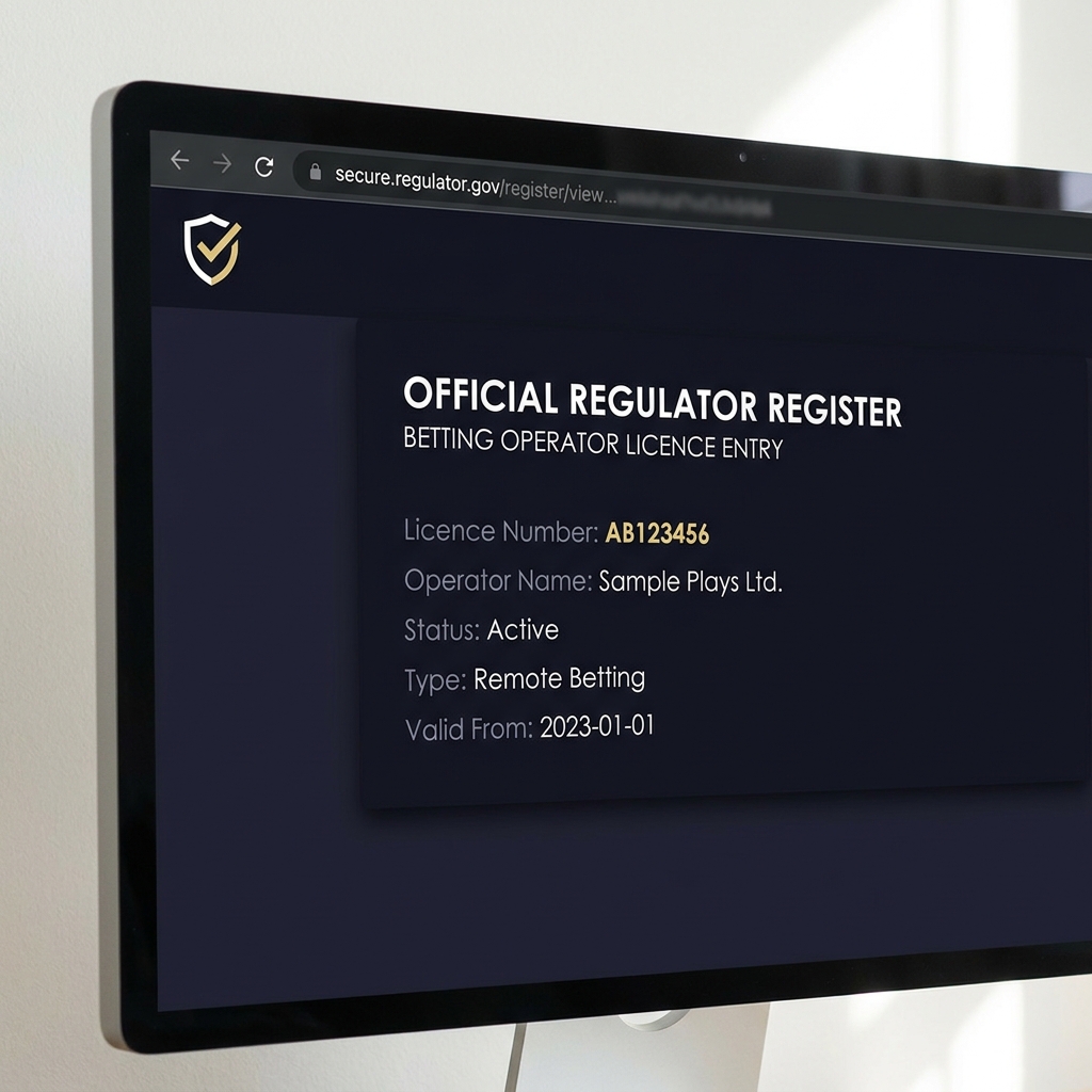 Close up browser register entry showing betting operator licence number AB123456 on Funded Plays style dark interface with colors 10101a 1e1e31 9393a6 white and accents f5e79d clean minimalist layout bet now eu