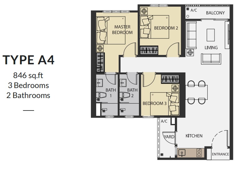 Aster Hill Sri Petaling Type A4 floor plan — 945 sq ft, 3 bedrooms