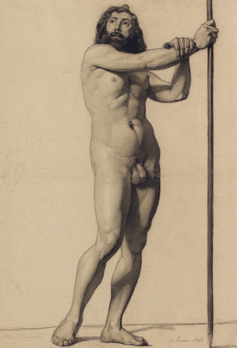 Academic Figure Study Male Nude Holding A Staff 1844