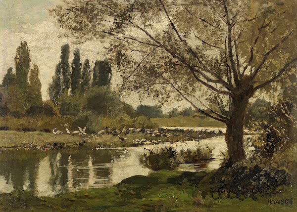 Flußlandschaft mit Vögeln und Weide 1880 90