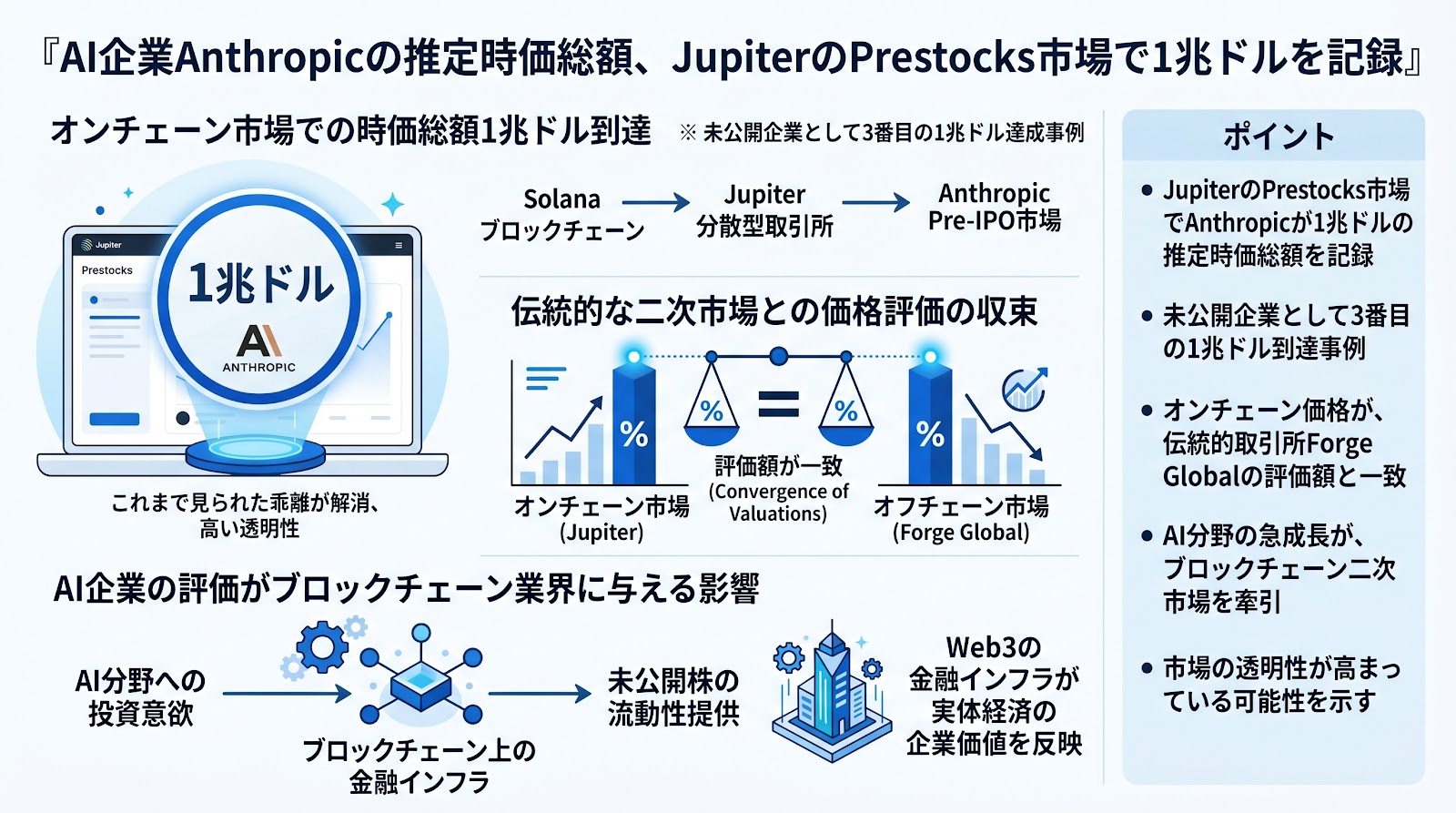 AI企業Anthropicの推定時価総額、JupiterのPrestocks市場で1兆ドルを記録