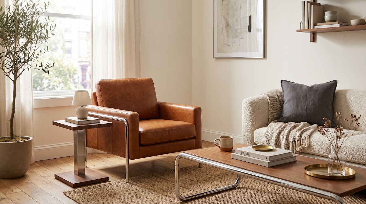 How to Make Chrome and Leather Feel Warm in a Living Room - chrome decorative objects arranged on a warm wood console