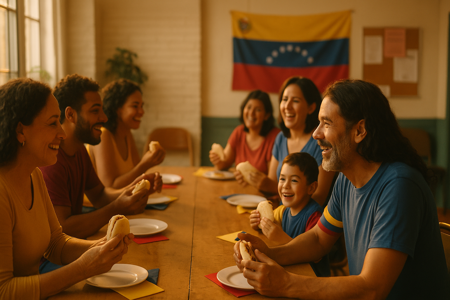 Venezolanos de distintas edades conversan y comparten arepas en una mesa larga, ambiente cálido y esperanzador.