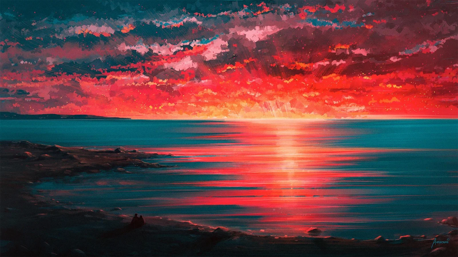 Vibrant Red Sky And Turquoise Sea - Digital Impressionist Painting Full HD Wallpaper (1920x1080)